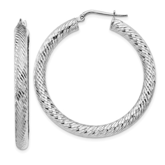 14k 4x30mm White Gold Diamond-cut Round Hoop Earrings 41.25 L x 39.75 mm W
